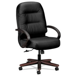 HON® 2190 Pillow-Soft Wood Series Executive Highback Chair, Mahogany/Black Leather, Open Loop Arms (2191NSR11)