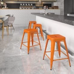 Flash Furniture Industrial Metal Restaurant Counter Height Stool, Orange (CH3132024OR)