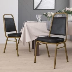 Flash Furniture HERCULES Trapezoidal Back Banquet Chairs W/Black Vinyl & Gold Frame, 4/Pack