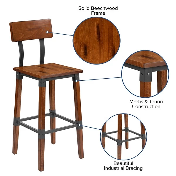 Flash Furniture Industrial Wood Dining Barstool, Rustic Antique Walnut, 2-Pieces (2XUDGW0236B) - Image 4