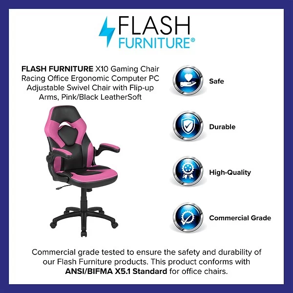 Flash Furniture X10 Ergonomic LeatherSoft Swivel Gaming Chair, Pink/Black (CH00095PK) - Image 3