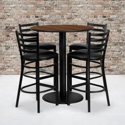 Flash Furniture 36'' Round Table Set W/4 Ladder Back Metal Bar Stools, Walnut /Black (MD0011)